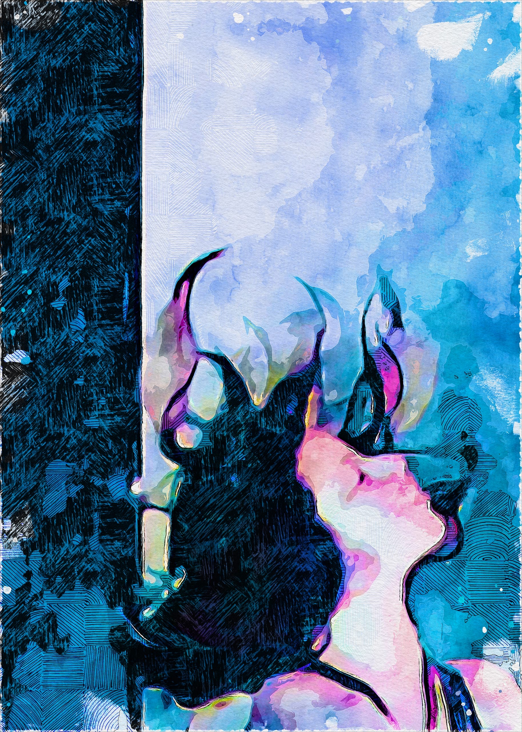 A digitally painted abstract portrait of a person looking upwards, featuring vibrant blue and purple hues. The figure is set against a split background of textured black on the left and light blue on the right, creating a striking contrast. The brushwork is expressive and fluid.