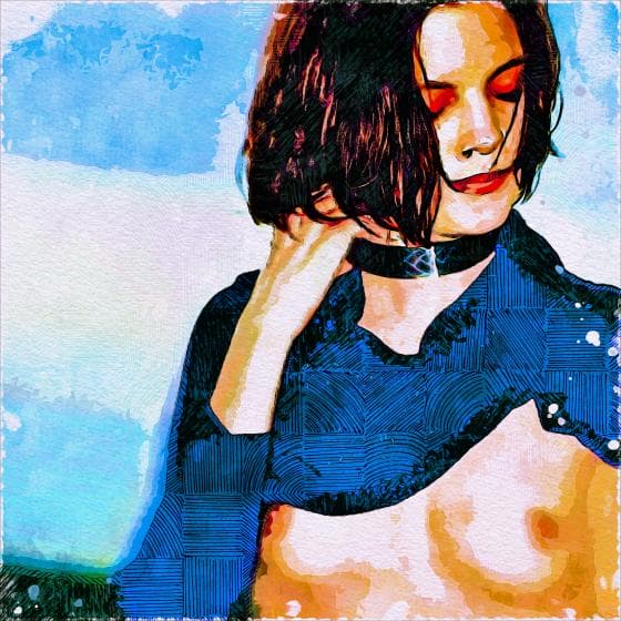 A person with medium-length dark hair stands with eyes closed, wearing a blue collared top pulled off one shoulder, partially revealing their chest. They touch their neck with one hand. The background is blurred and pastel-colored, contributing to a dreamy, artistic perception.