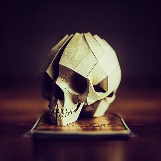 A detailed image of a geometric, polygonal skull sculpture resting on a small, square, metallic tray. The skull, resembling the Ace of Spades in its timeless intrigue, appears to be made from a light-colored material such as wood or resin. The dark background prominently highlights the skull and casts soft shadows.