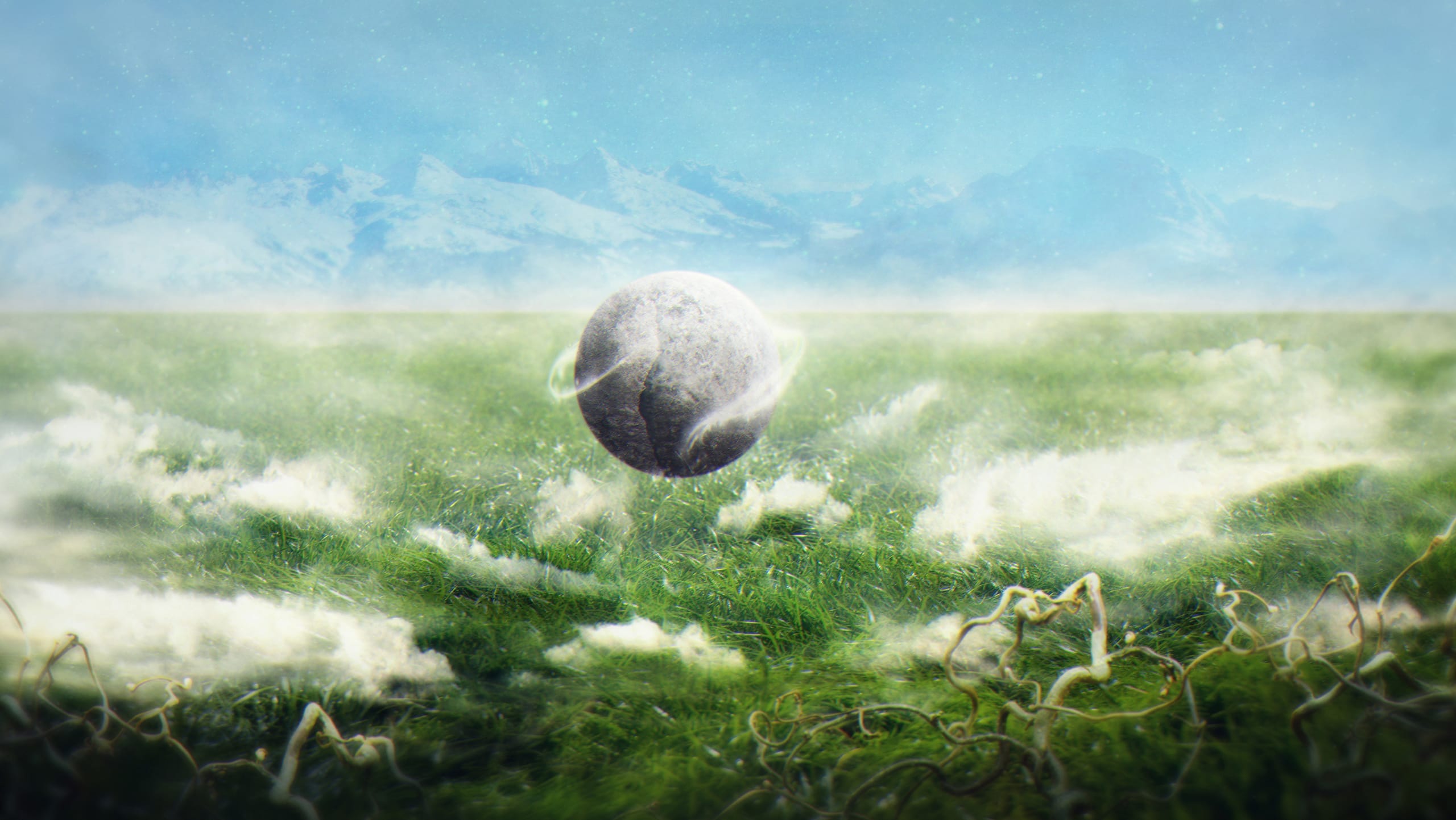 A stone sphere hovers over a lush, green field with swirling mist. Twisting roots or vines intertwine with the grass. Snow-capped mountains are visible in the background under a clear blue sky. The scene has a serene, mystical atmosphere.