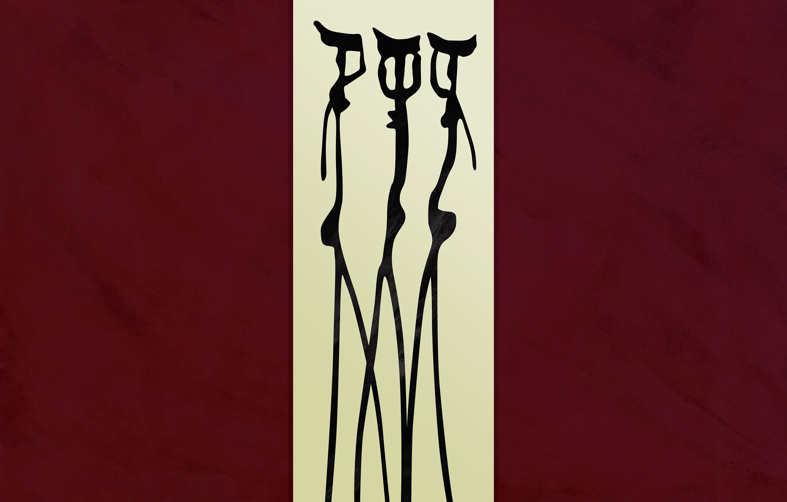Abstract digital artwork depicting three elongated human figures in black. The figures, reminiscent of African Rock Art, are set against a cream-colored vertical stripe and have minimalist, exaggerated features with long limbs and small heads. The solid deep red background contrasts sharply with the figures.