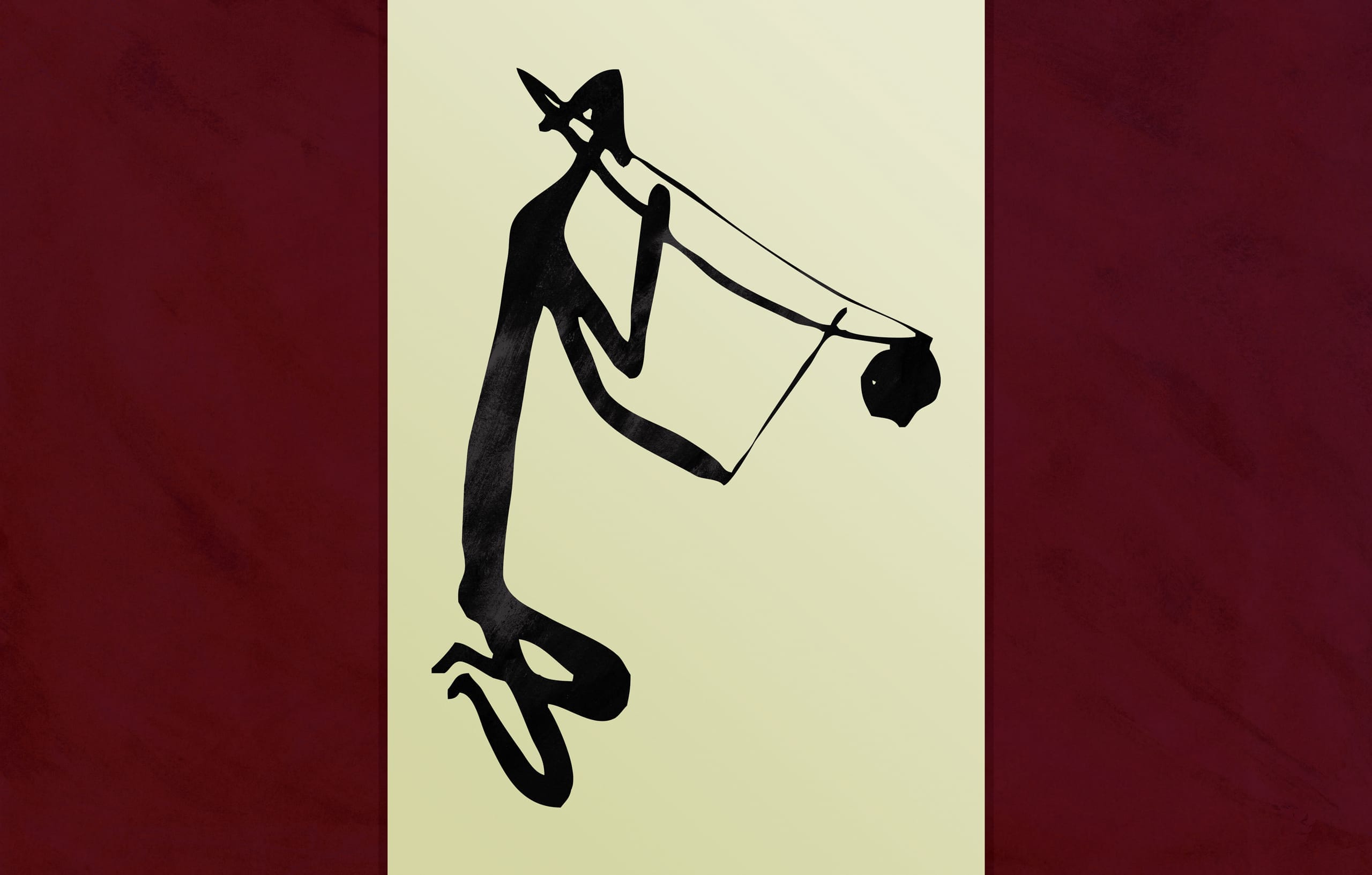 A minimalist, abstract black silhouette depicts a person on bended knee, holding a fishing rod. The figure's elongated form and graceful lines convey a sense of fluidity reminiscent of African Rock Art. The background is a light cream color, framed by wide maroon borders in this striking series piece.