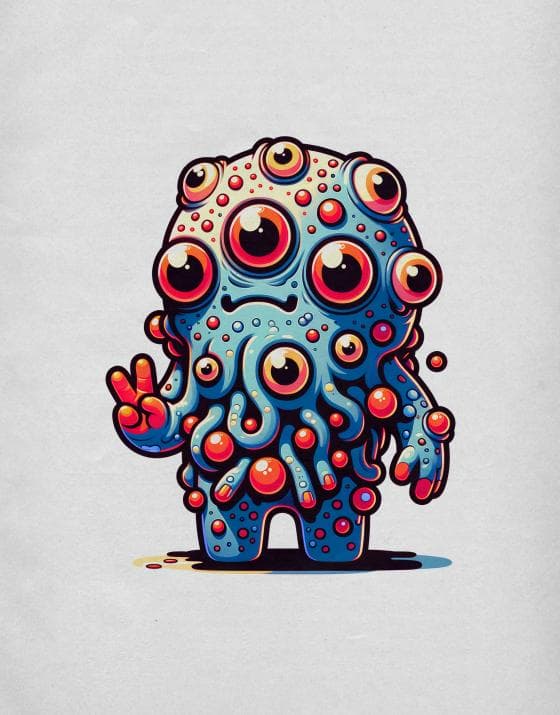 A cartoon monster with a blue, textured body and multiple red eyes, waves a peace sign with its left hand. Its body appears to be melting with drips hanging down. The creature stands on a simple white background, creating a playful and colorful contrast.