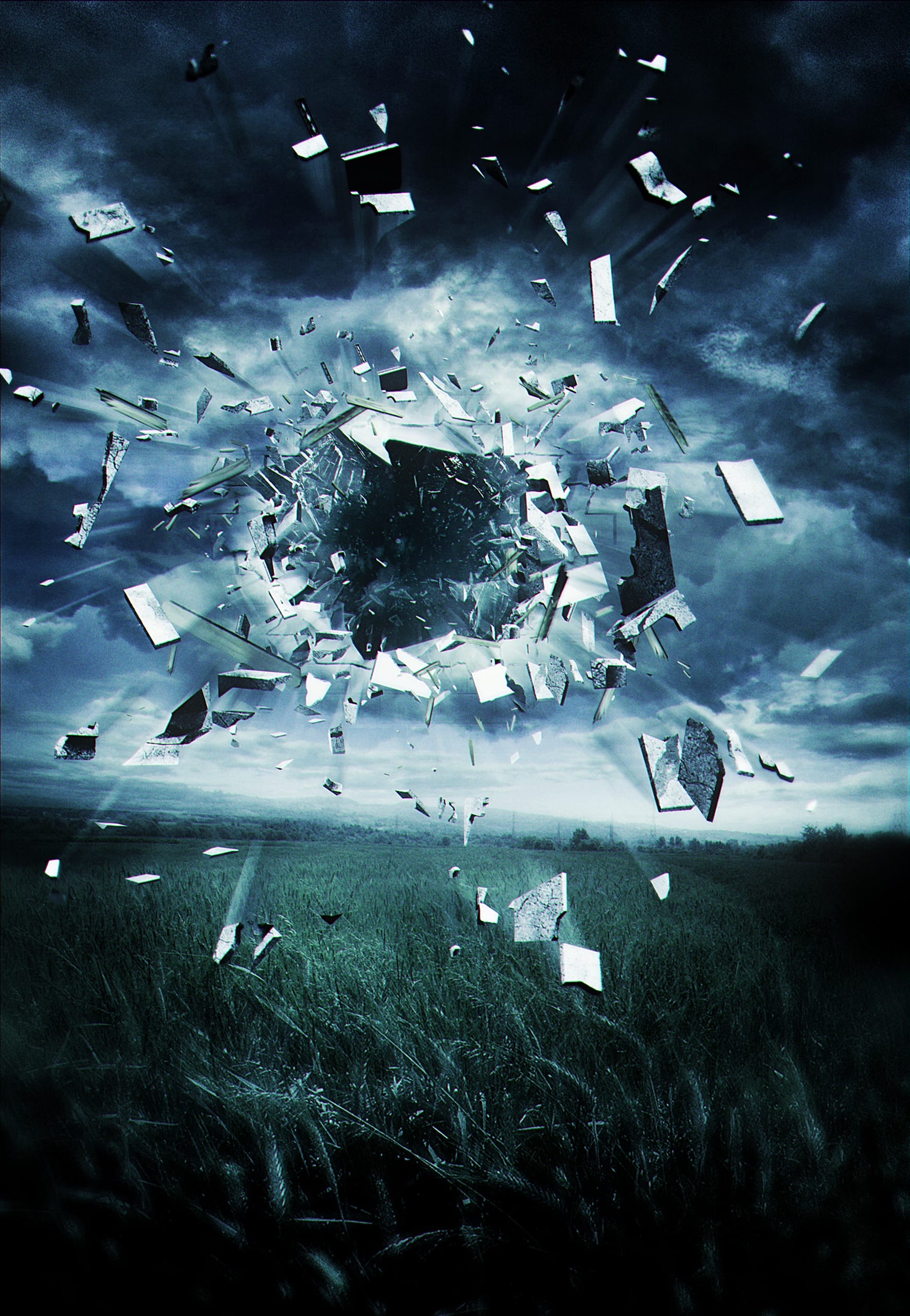 An image depicts a shattered surface, possibly glass, suspended mid-air above a grassy field under a cloudy sky. The broken fragments create an illusion of a portal or explosion, with sharp shards scattering outward. It’s as if the glass broke amid an impending storm, reflecting the landscape and sky.