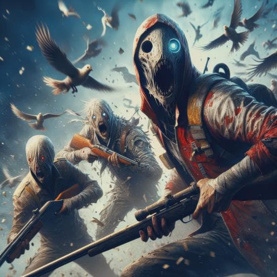 Three eerie figures with white, skeletal masks and glowing eyes hold rifles and wear tattered clothing, including a red hoodie. A flock of birds flies chaotically around them against a dramatic, apocalyptic sky, creating a scene that conveys an intense sense of urgency and mystery.