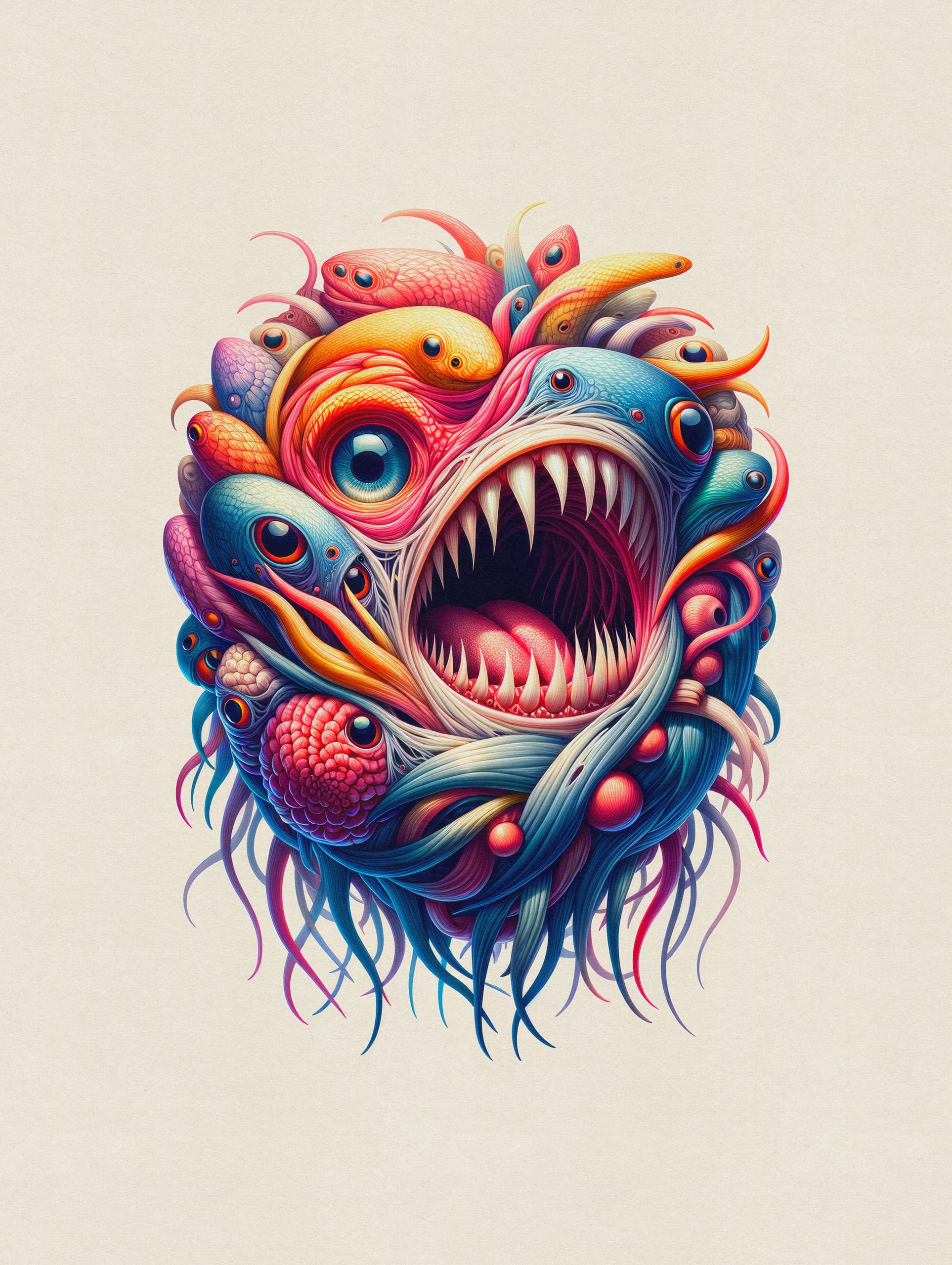 A vibrant, surreal creature composed of multicolored fish and tentacle-like appendages. The creature has a large, open mouth with sharp teeth, and numerous eyes on its body. Its vivid colors include blues, pinks, oranges, and yellows, set against a plain beige background.