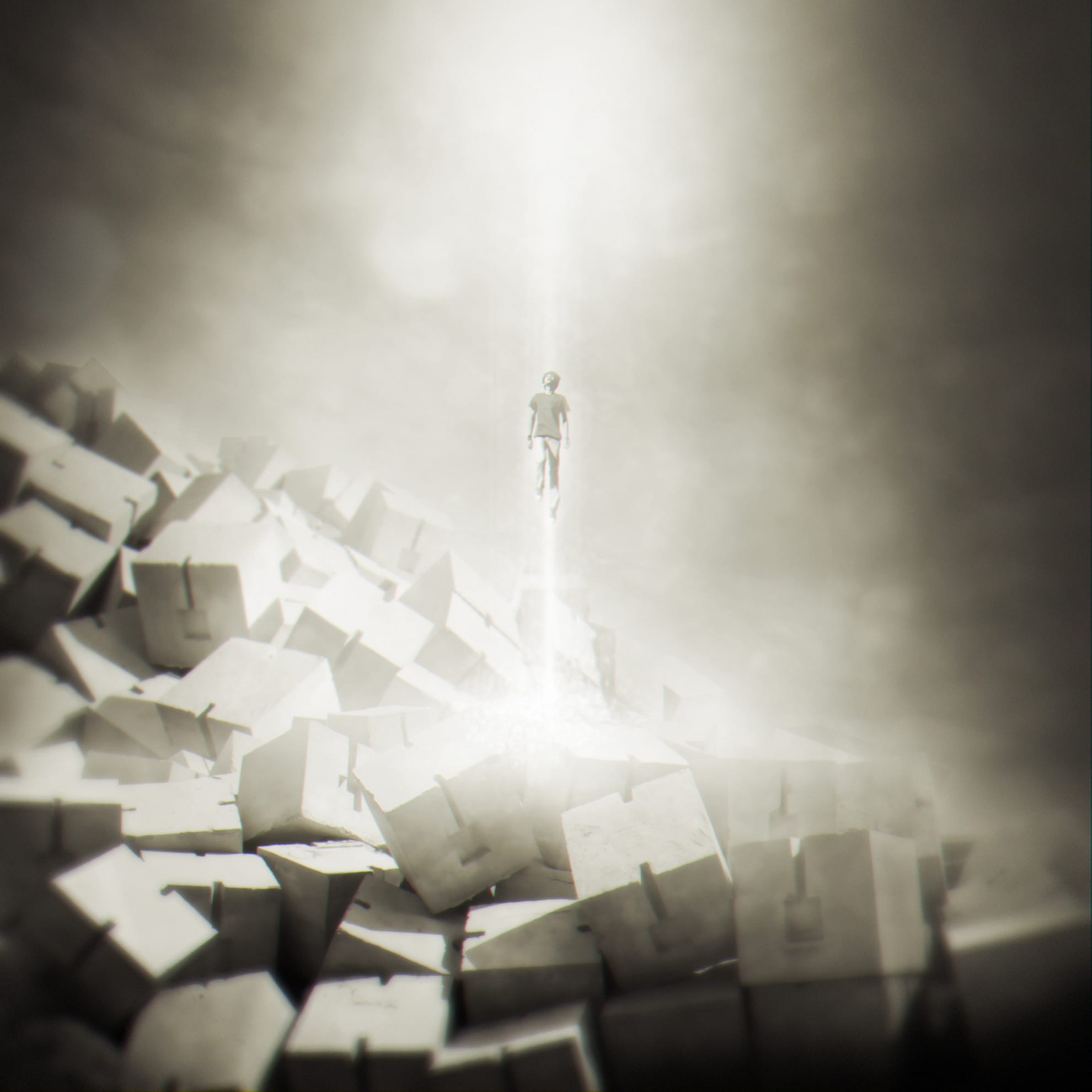 A person suspended in a beam of light rises from a mound of overturned, box-like structures. The scene is enveloped in a surreal, foggy atmosphere, creating a dreamlike and mystical ambiance. The boxes appear haphazardly arranged, adding to the ethereal quality of the image.