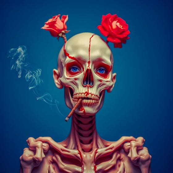 A human skeleton with vivid blue eyes smokes a cigarette, red smoke curling up. Two red roses are pierced into its skull, one on each side. The background is a solid deep blue, and the skeleton grips its own collarbones.