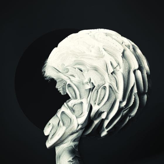 A monochromatic image depicts a surreal white sculpture of a human figure in profile. The End of the Silence is portrayed through intricate, abstract patterns resembling flowing hair and organic shapes, set against a dark background. The figure's elaborate headpiece gives an ethereal and futuristic appearance.