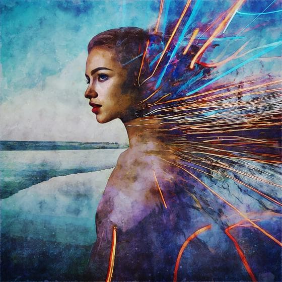 A digital artwork of a woman's profile blends into a surreal background. Her hair morphs into bursts of colorful tendrils extending outward. The sky and water behind her merge with abstract, painterly textures, creating a dynamic and mystical atmosphere.