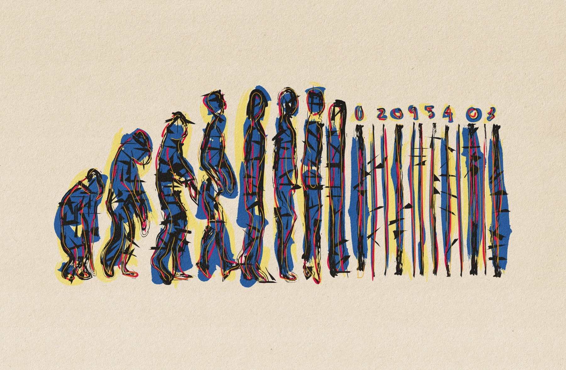 Abstract illustration of human evolution showing figures from crouched to upright on the left, transitioning into bar codes on the right. Vibrant lines in blue, red, and yellow create dynamic shapes, with numbers 1, 2, 9, 5, 4, 0, 3 above the bar codes, against a beige background.