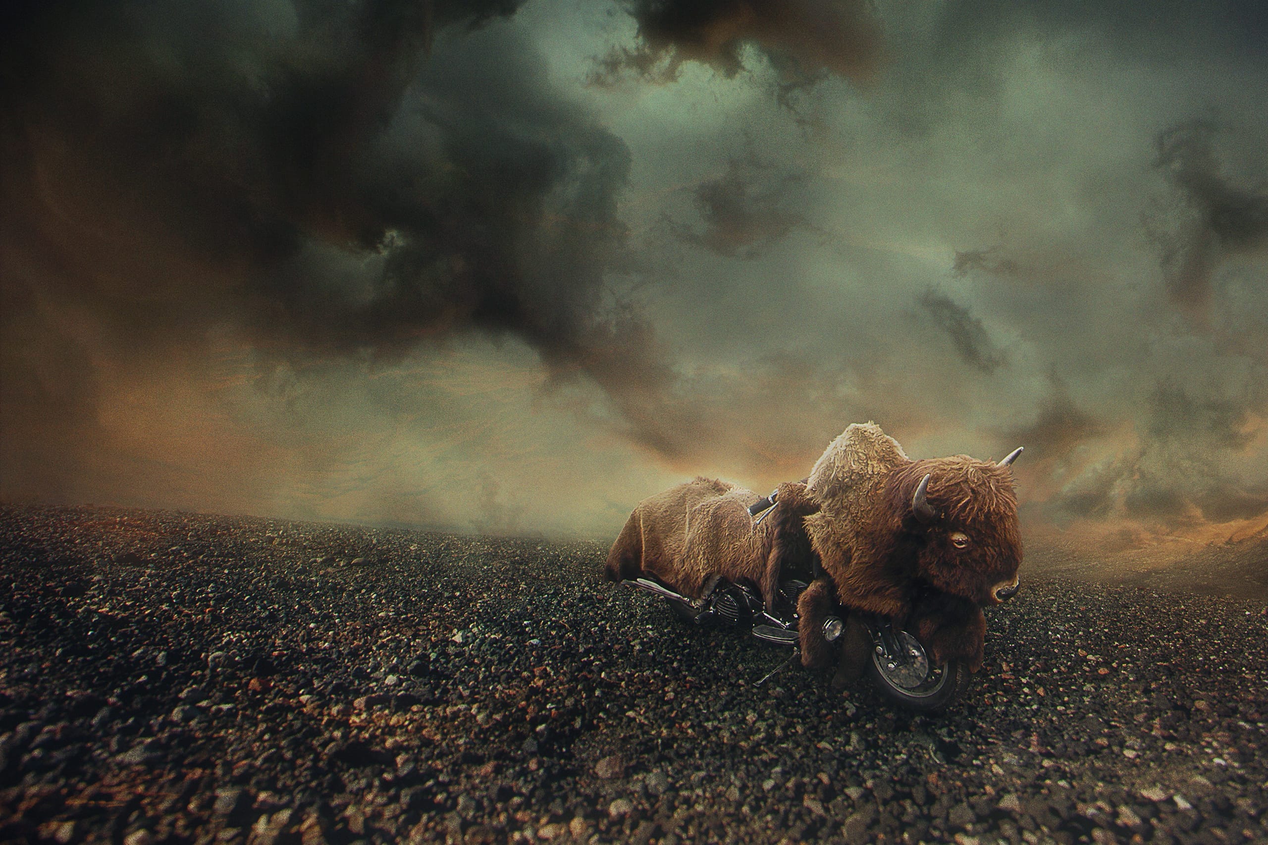 A surreal image shows a motorcycle styled to resemble a bison, with realistic fur and horns. It rides along a barren, rocky terrain under a dramatic, swirling sky with dark, stormy clouds. The overall atmosphere is mythical and otherworldly.