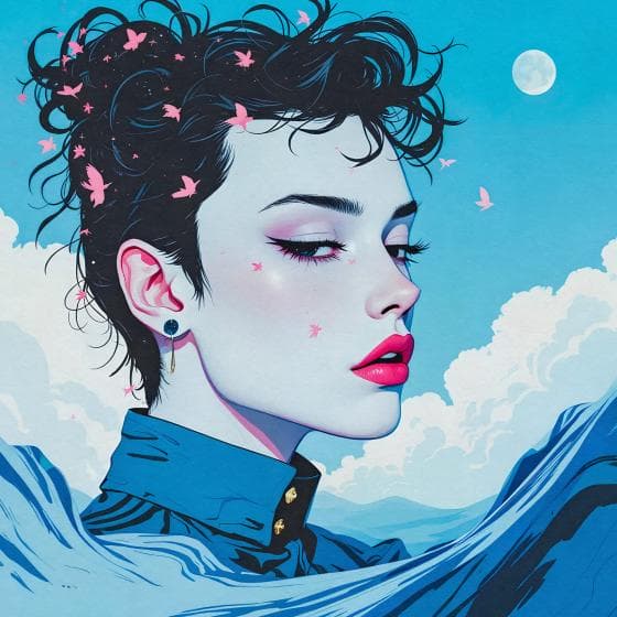 Illustration of a person with short curly hair, closed eyes, and bright red lips against a sky blue background. Pink birds and clouds surround them, with the moon visible. They're wearing a blue high-collared garment with gold buttons, creating a serene and dreamlike atmosphere.