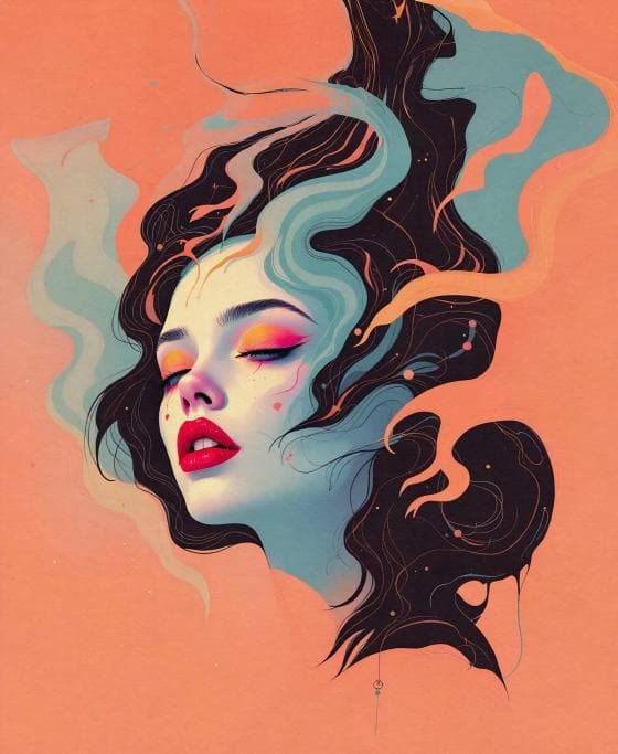 A surreal illustration of a woman's face with closed eyes and vibrant red lips. Her flowing dark hair blends into abstract, colorful smoke-like patterns in turquoise and amber against a warm peach background, creating a dreamlike effect.