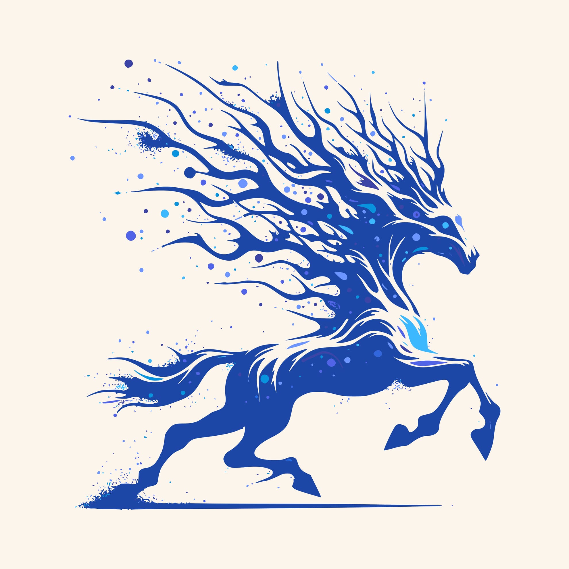 A stylized illustration of a galloping horse in shades of blue. The horse's mane and tail flow dynamically, resembling swirling flames or water currents. The background is a soft cream color, highlighting the vibrant, fluid motion of the abstract design.