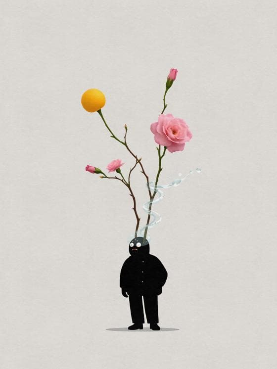 A surreal illustration of a black silhouette figure with flowers growing from the head. The plant includes a yellow circle, pink roses, and green stems. Water droplets spiral around the flowers against a simple light gray background. The image conveys a dreamlike, imaginative scene.