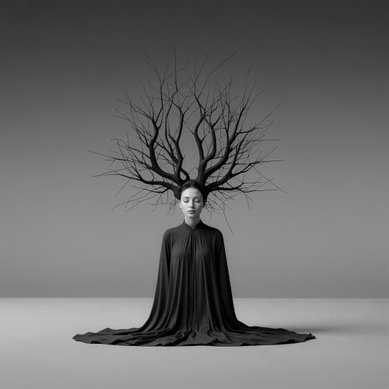 A woman in a black dress sits calmly with eyes closed; bare tree branches grow from her head like antlers. The background and floor are gray, giving a surreal, minimalist atmosphere combining human and nature elements.