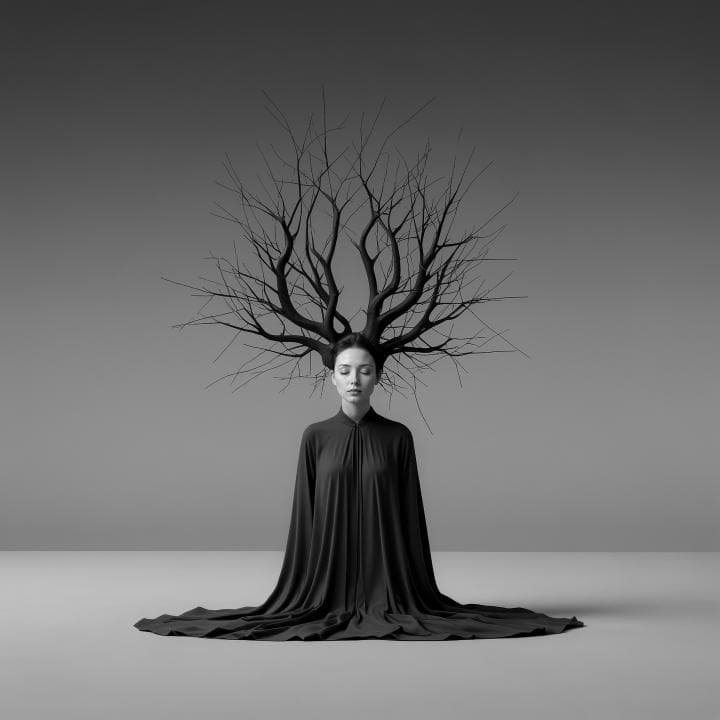 A woman in a black dress sits calmly with eyes closed; bare tree branches grow from her head like antlers. The background and floor are gray, giving a surreal, minimalist atmosphere combining human and nature elements.