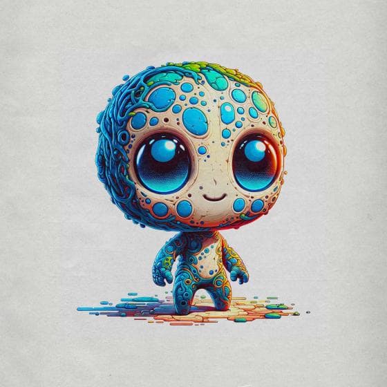 A cute, round-eyed cartoon character with a body covered in colorful, bubble-like patterns stands on a textured surface. The creature's skin features shades of blue, green, and orange, with a playful and whimsical expression. The background is a light gray, enhancing the figure's vivid colors.