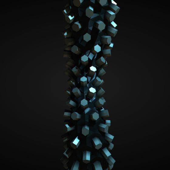 A dark, abstract 3D structure resembling a twisted column composed of numerous interconnected hexagonal prisms. The prisms, akin to a metallic protein shell, have shades of blue and teal reflecting light. The background is a gradient of dark gray to black, emphasizing the central structure.