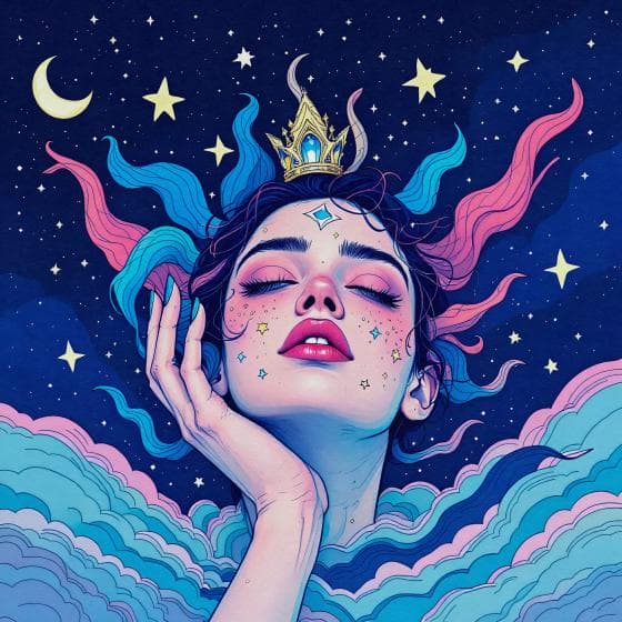 A dreamy illustration of a woman with closed eyes and serene expression, surrounded by swirling pastel waves. She wears a crown, and stars sparkle in the night sky behind her. Her hair is a mix of pink and blue, resembling flowing cosmic waves. A crescent moon glows brightly.