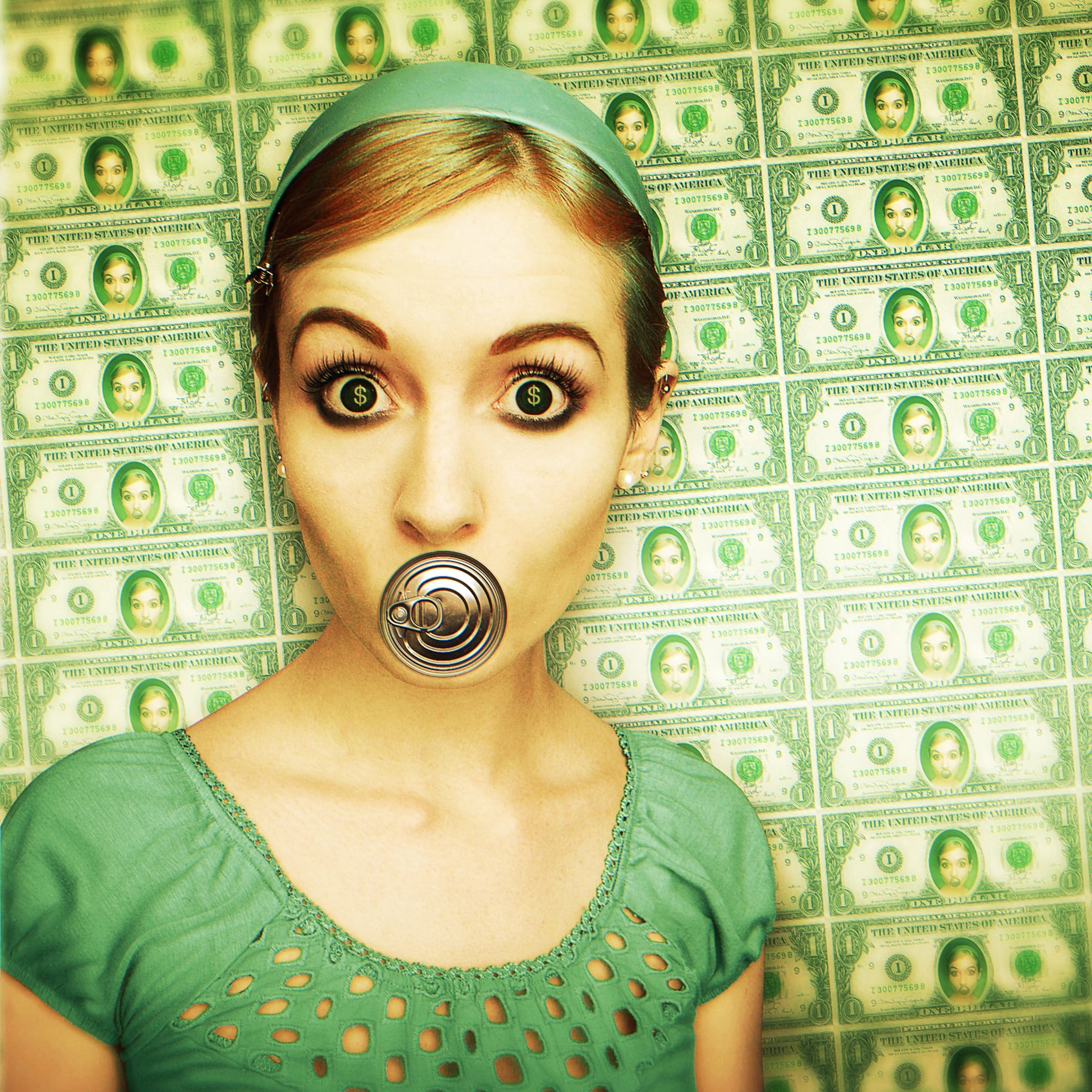 A surprised woman wearing a green headband and shirt stares wide-eyed directly at the camera. Her mouth is covered by a large metallic zipper pull, symbolizing censorship. The background is a collage of dollar bills, creating a striking visual effect emphasizing money and silence.