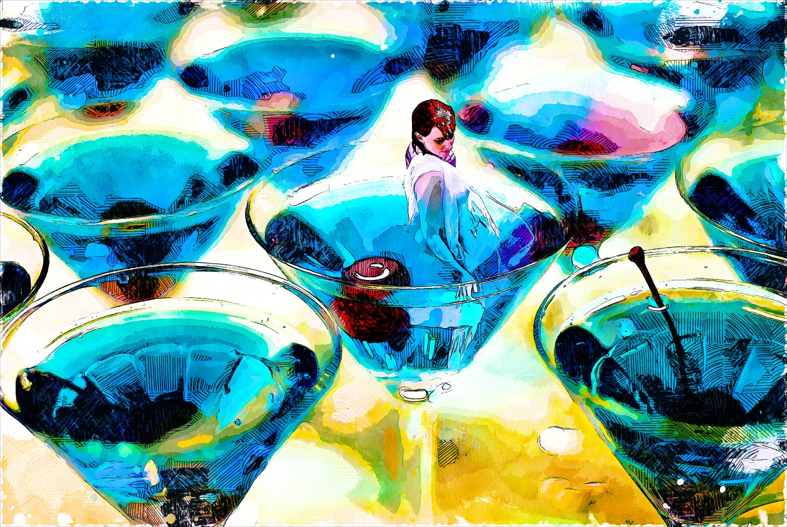 A vibrant, abstract painting features numerous blue and teal martini glasses filled with olives. In the center, a woman is partially submerged in one glass, surrounded by two cherries. The colorful, dynamic background adds a surreal quality to the composition.