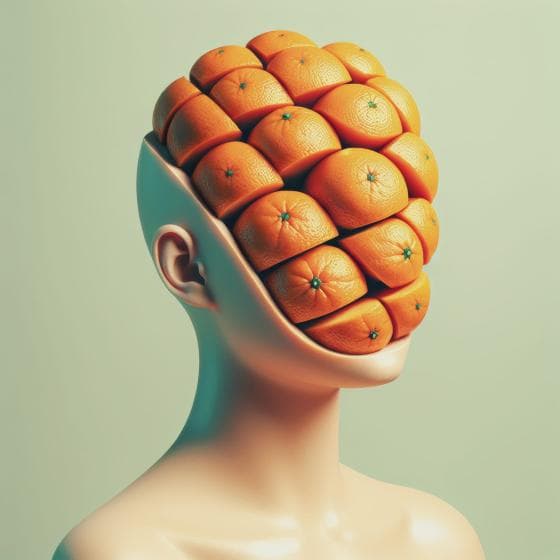 Surreal artwork depicting a head made of neatly arranged, cubed orange segments. The anonymous human-like figure is shown against a soft green background, blending organic textures with abstract, geometric design, creating a unique and imaginative visual effect.