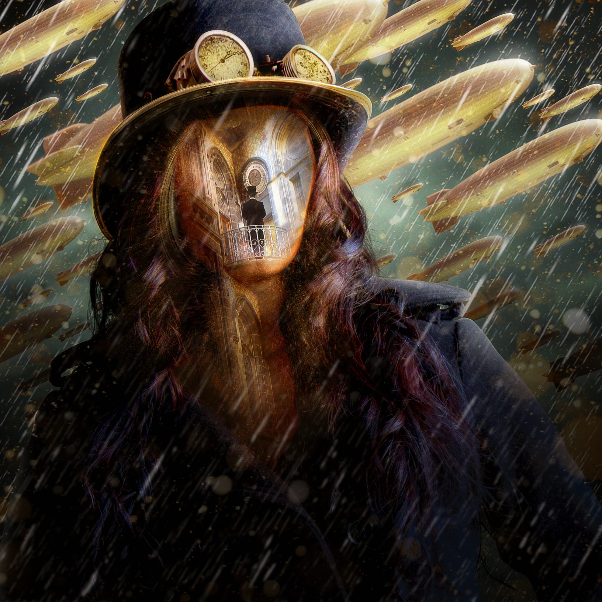 A figure wearing a dark, steampunk-style outfit and a top hat with goggles stands in the rain. The person's face is obscured by a metallic mask reminiscent of Clockwork Orange. The backdrop features a dramatic sky filled with numerous flying airships, creating a dark and surreal atmosphere with a futuristic, Victorian aesthetic.