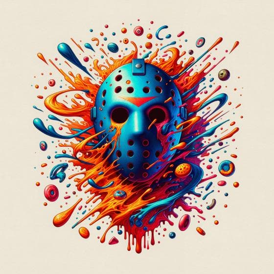 A stylized hockey mask is surrounded by vibrant splashes of blue and orange paint. The mask features numerous circular holes and a central bolt. Various swirling shapes and droplets orbit around it, creating a dynamic and abstract composition against a light background.
