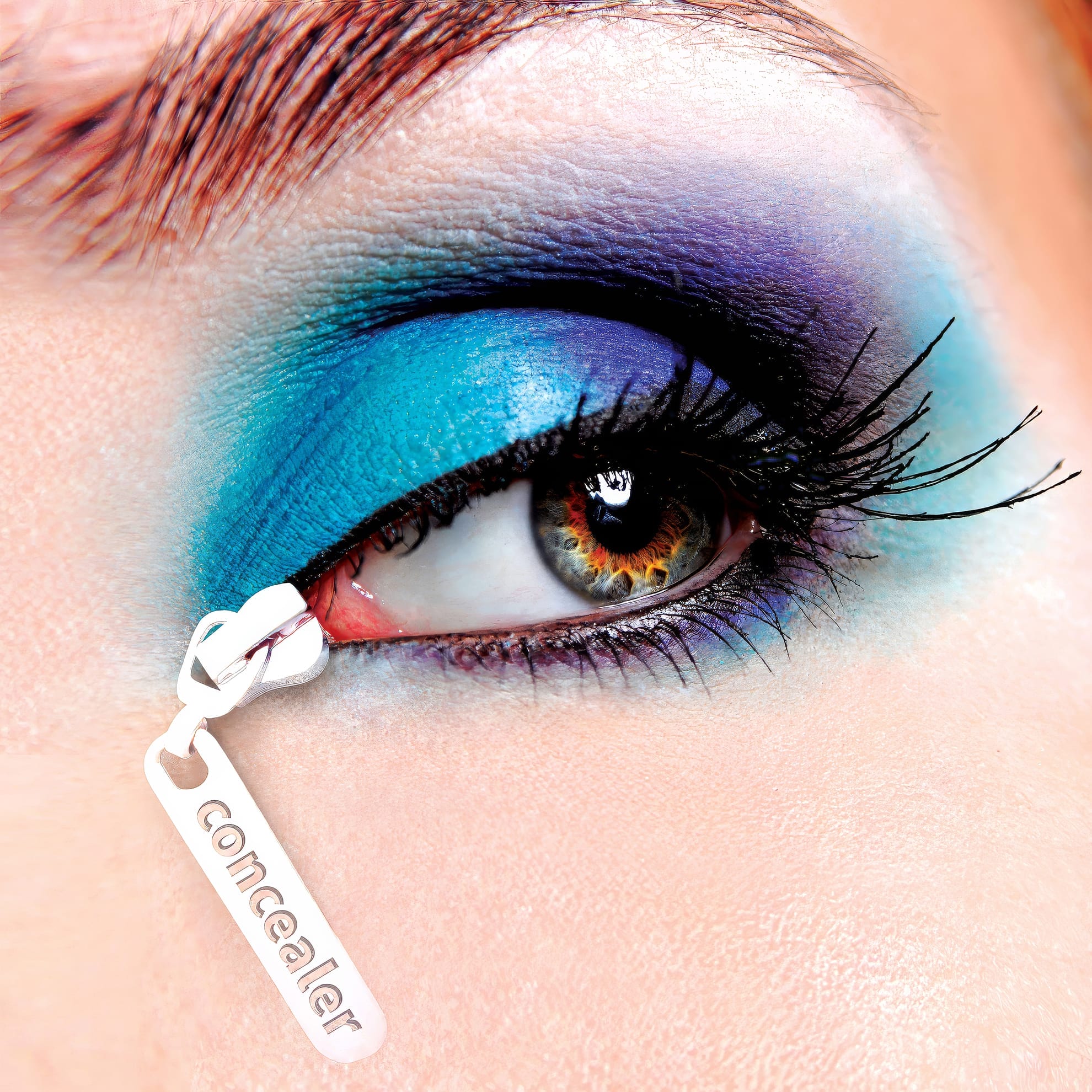 A close-up of an eye with vibrant makeup, featuring a gradient of blue and purple eyeshadow and long, black lashes. A zipper pull labeled "concealer" is creatively edited onto the lower eyelid, adding an artistic touch to the makeup design.