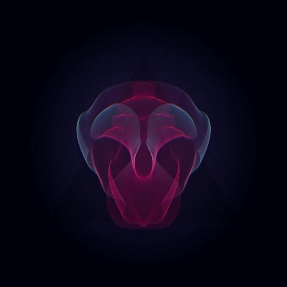 Abstract digital art featuring a symmetrical shape resembling a futuristic cranial mask or helmet, rendered in neon hues of pink and purple with translucent effects. The background is a dark gradient, highlighting the central figure, with subtle geometric patterns emerging from the darkness.
