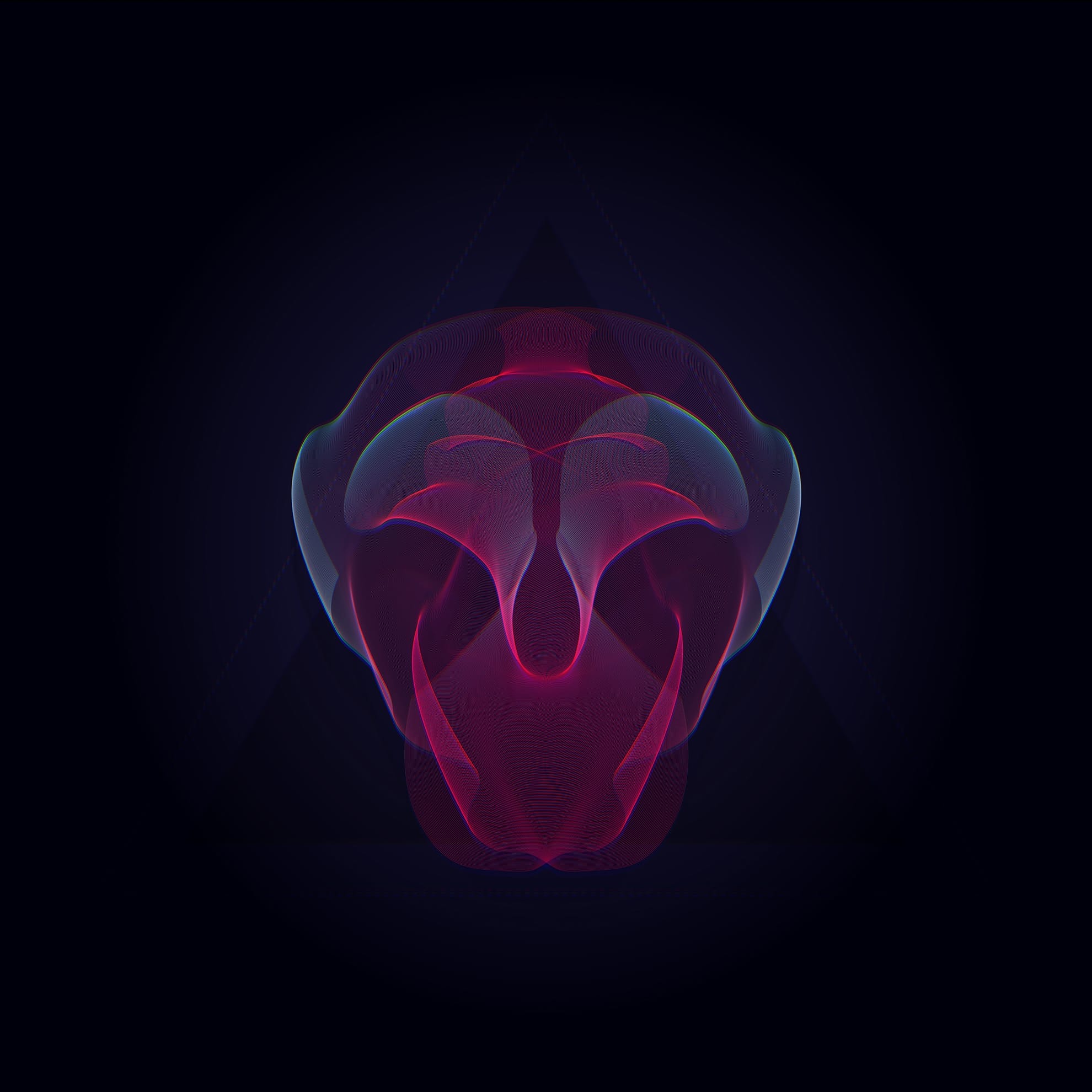 Abstract digital art featuring a symmetrical shape resembling a futuristic cranial mask or helmet, rendered in neon hues of pink and purple with translucent effects. The background is a dark gradient, highlighting the central figure, with subtle geometric patterns emerging from the darkness.