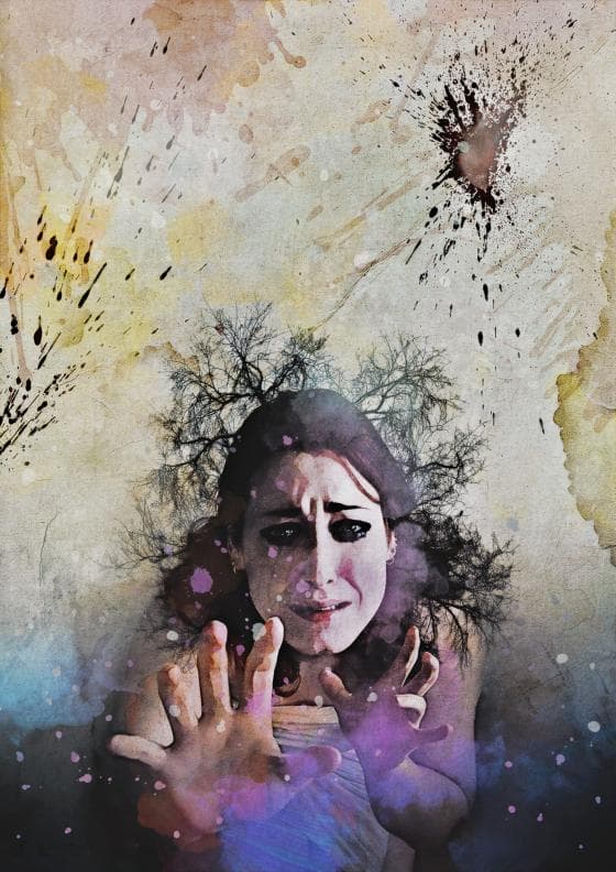 A distressed woman with dark hair and intense eye makeup reaches forward with outstretched hands. Behind her, tree-like branches form a haunting Crown of Thorns around her head. The background is stained with what appears to be blood splatters, adding to the ominous and eerie atmosphere.