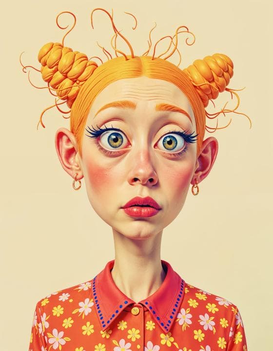 Illustration of a wide-eyed woman with exaggerated features, including large ears and bright orange hair styled in twisted buns. She wears a floral-patterned orange blouse and small hoop earrings. The background is a soft yellow, emphasizing her surprised expression.