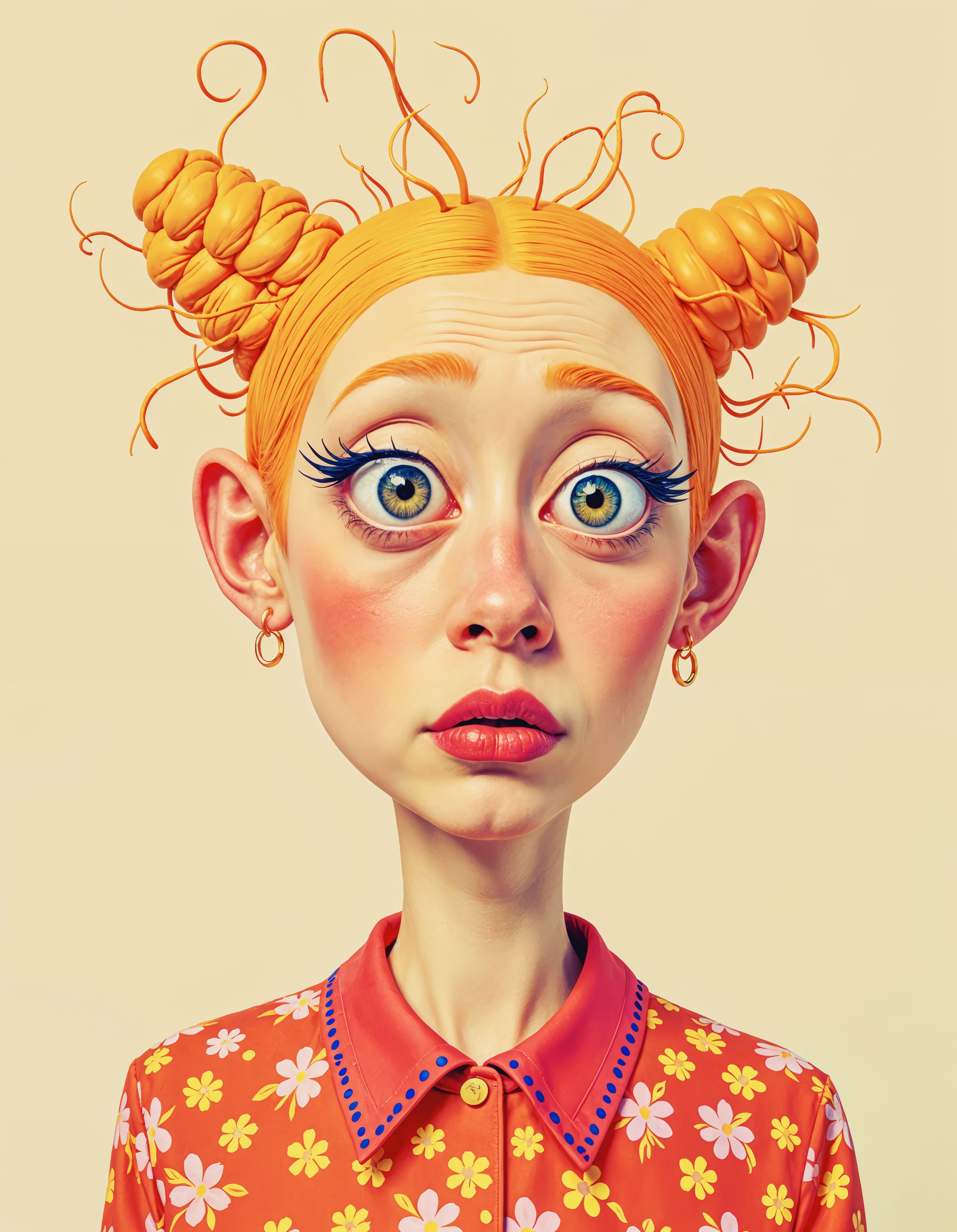 Illustration of a wide-eyed woman with exaggerated features, including large ears and bright orange hair styled in twisted buns. She wears a floral-patterned orange blouse and small hoop earrings. The background is a soft yellow, emphasizing her surprised expression.