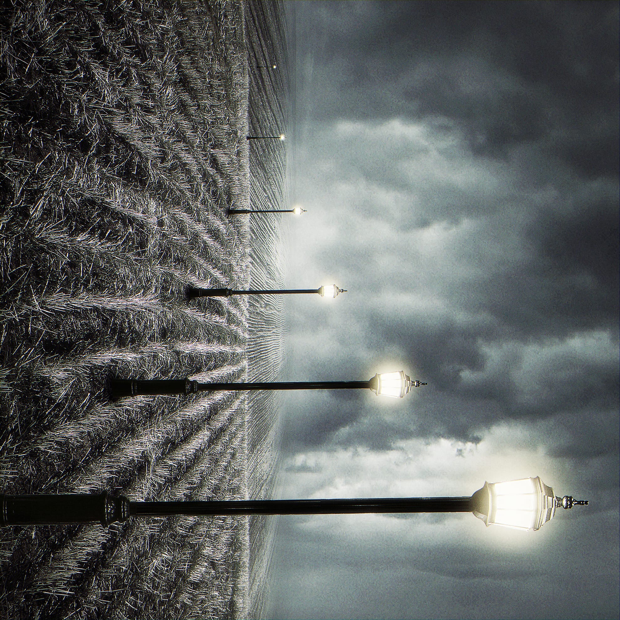 A surreal, eerie landscape features a row of vintage street lamps glowing dimly in a seemingly endless, barren field under a dark, overcast sky. The field has a patterned, plowed appearance, and the lamps create an illusion of depth, converging towards the horizon—Destination Anywhere.