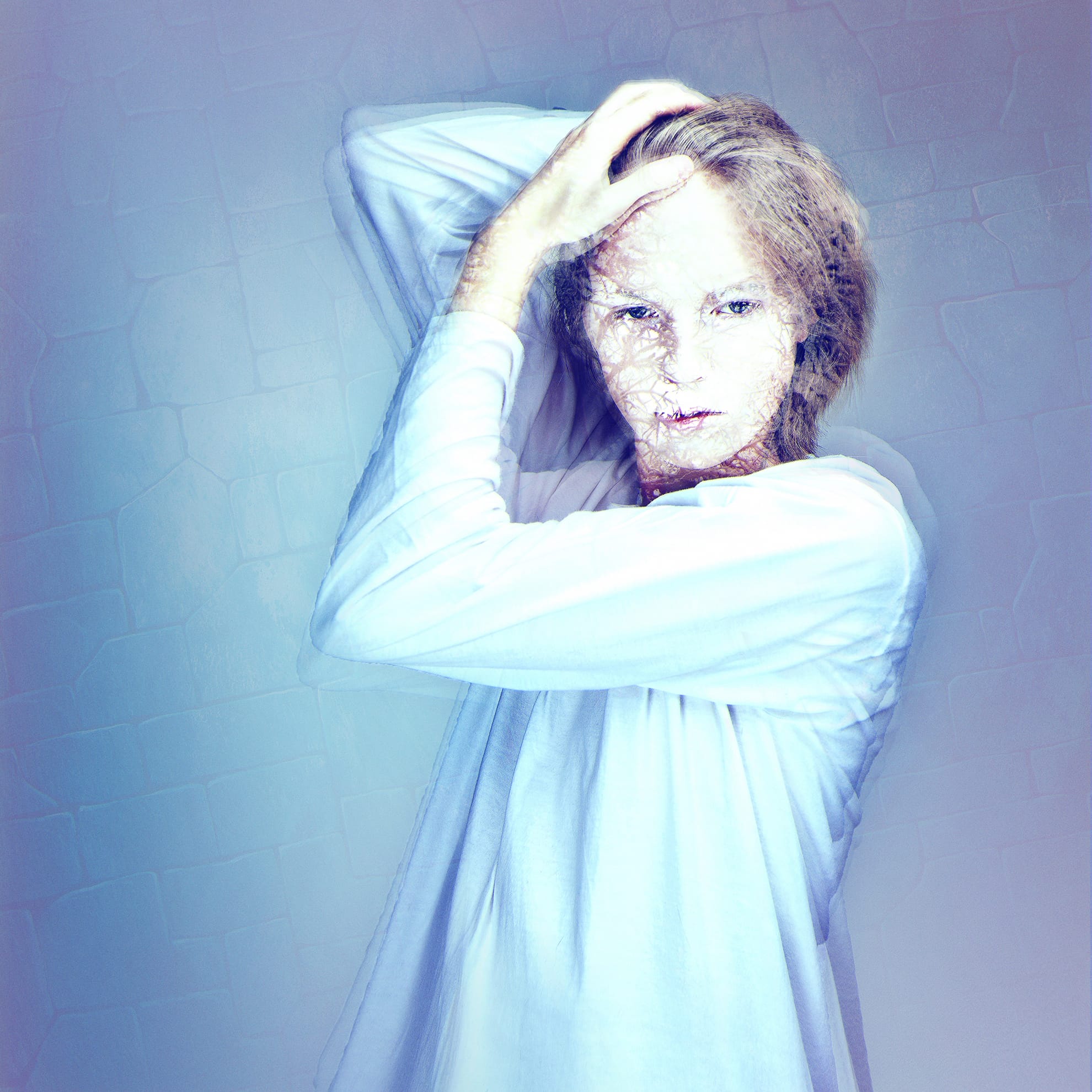 An ethereal figure, with pale skin and wearing a loose white garment, stands against a textured light blue background. The figure's expression is intense, as if realizing they forgot to take their meds, with one hand running through their hair and the other behind the head, creating a ghostly double exposure effect.