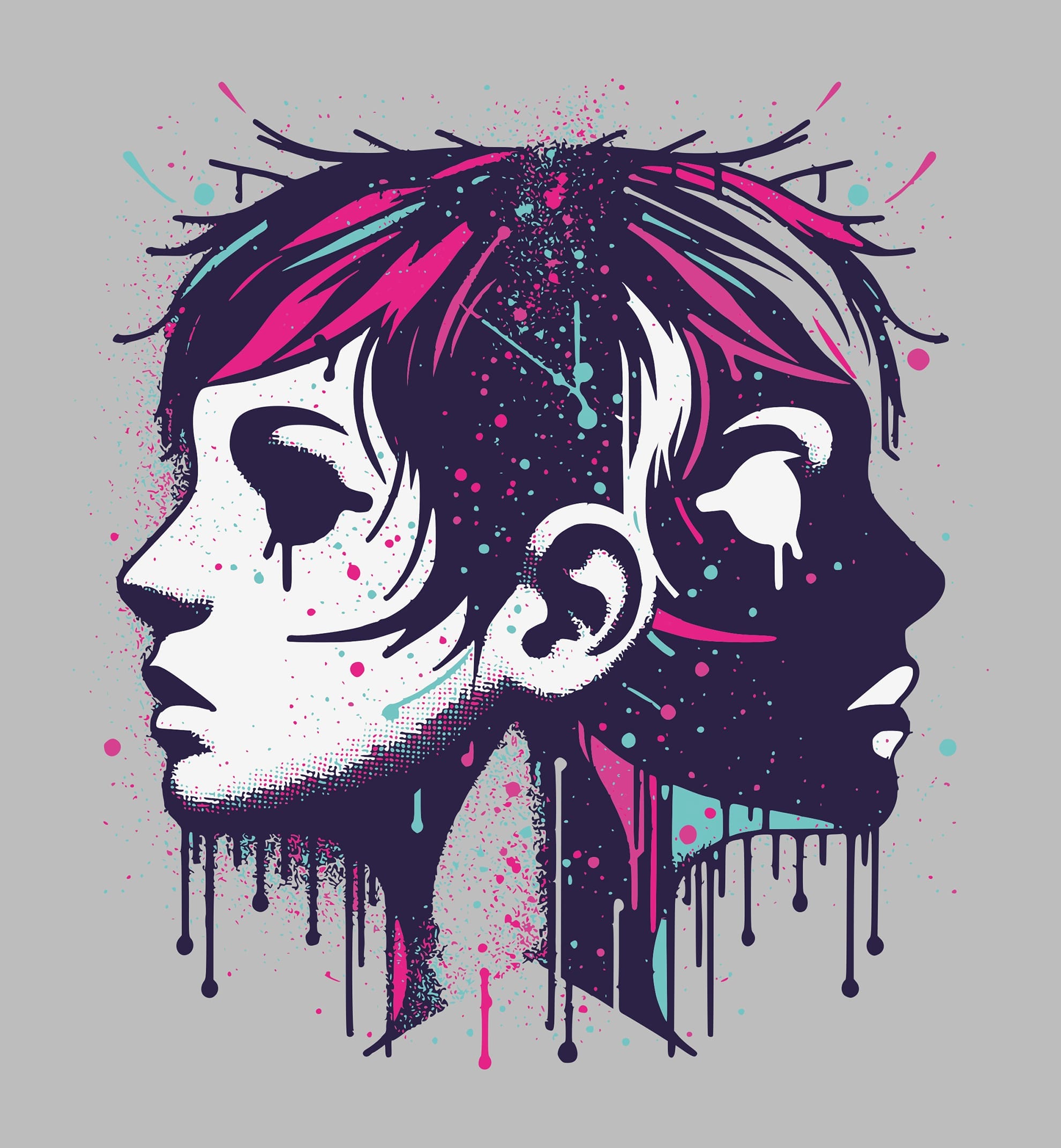 A colorful digital art piece showing two stylized profiles of a person, one in white and one in black, back-to-back on a gray background. The artwork features vibrant splashes of pink, teal, and purple paint, giving a dynamic and artistic effect, with drips extending downward.