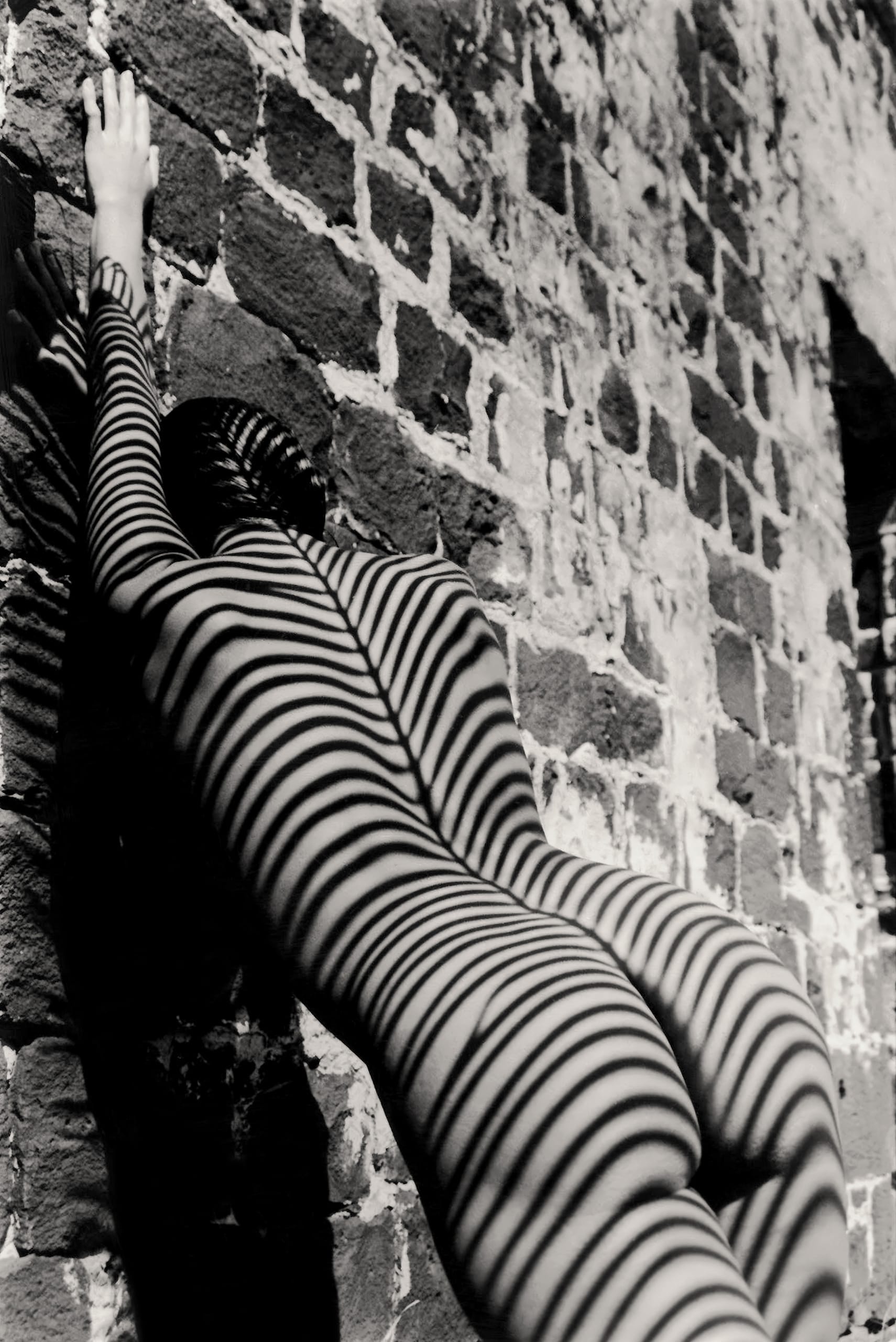 A person stands against a textured brick wall, with their back to the camera. They are covered in striped shadows projecting across their figure, creating a pattern of dark and light lines over the entire body. The composition includes strong contrasts and artistic lighting.