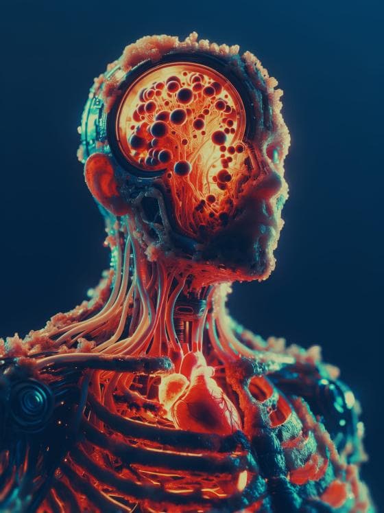 A futuristic humanoid figure with a transparent head, revealing a network of glowing red spheres and neural connections. The body is composed of intricate circuits and luminous paths, creating a vivid, sci-fi appearance against a dark background.