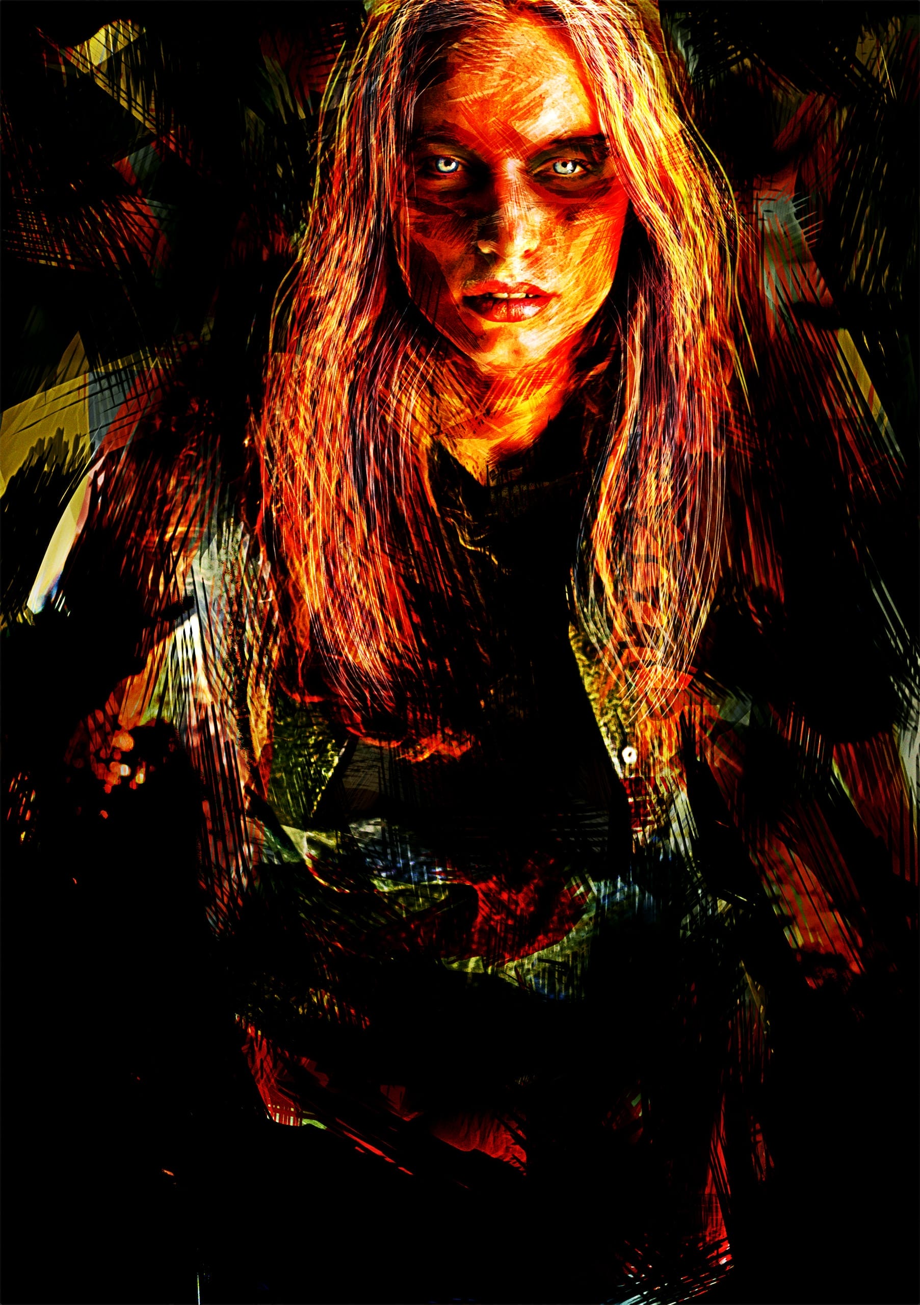 Abstract, distorted depiction of a person with long hair. The individual's face and hair appear layered with red and yellow hues, and their intense gaze is directed forward—an empty shell of love. The background is dark with varying abstract patterns and splashes of color, creating an eerie, surreal effect.
