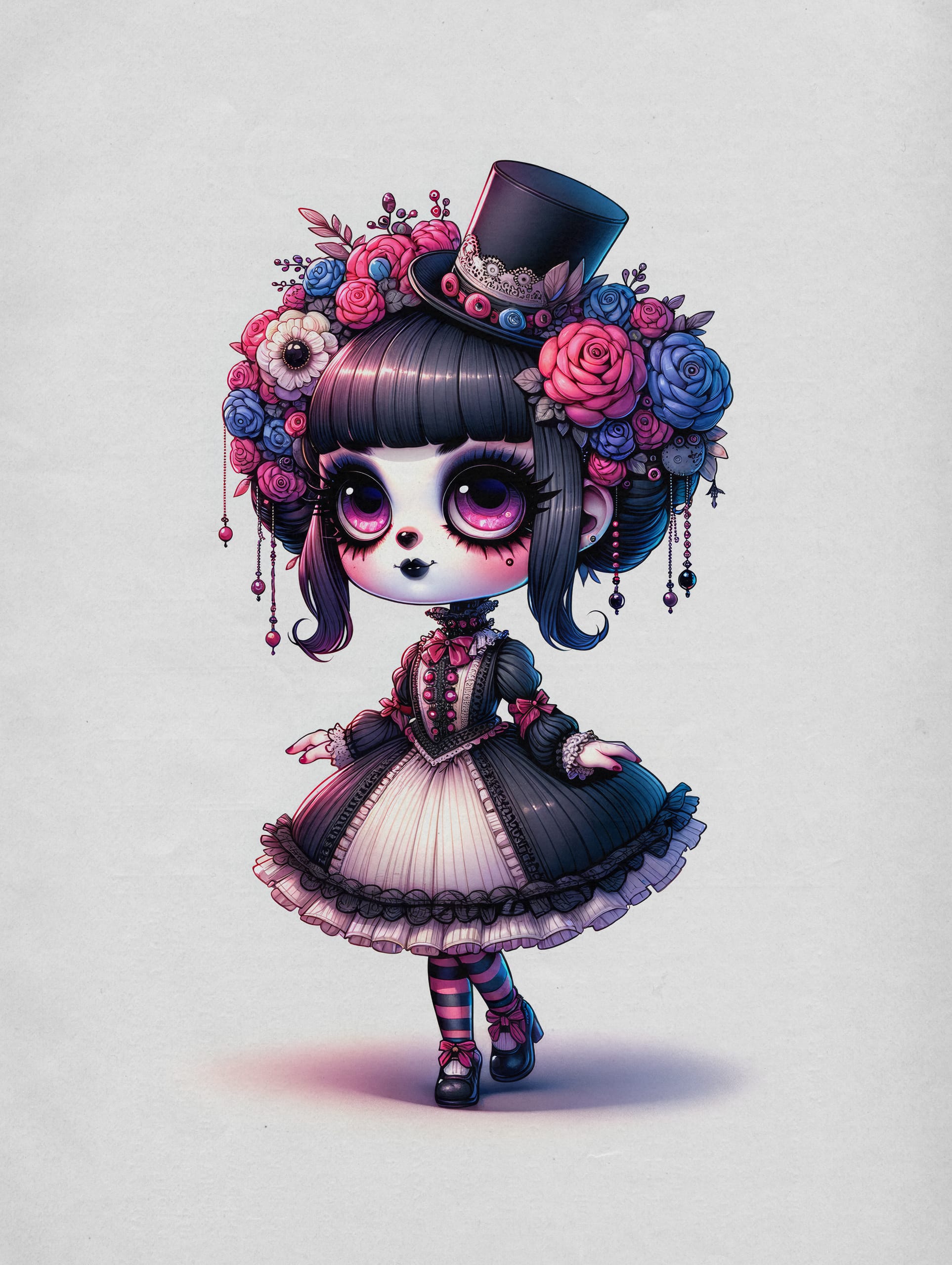 Illustration of a doll-like figure with large, dreamy purple eyes. It wears a black dress with white frills and striped stockings. A floral headpiece blooms with pink, blue, and white flowers beneath a small top hat. The plain white background highlights the dollish character.