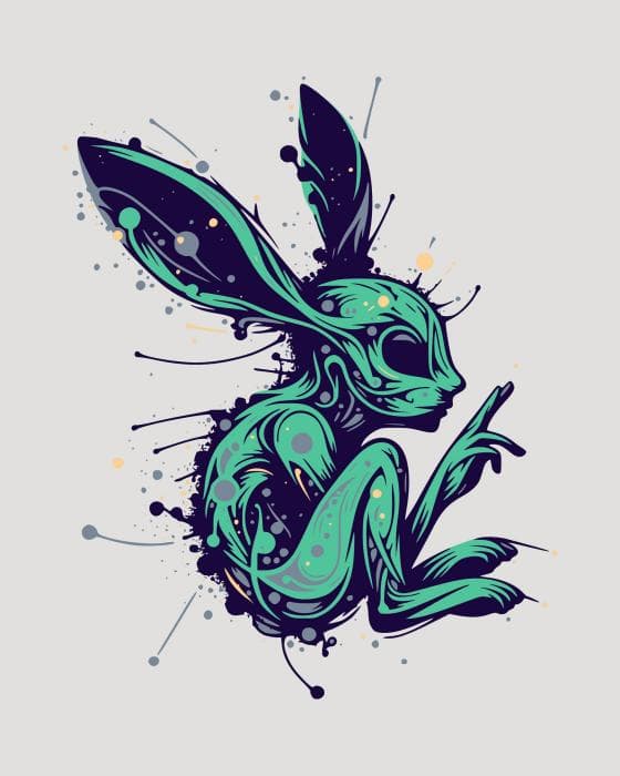 A stylized, vibrant illustration of a futuristic rabbit in green and blue tones with sleek, elongated features. Accents of yellow and splashes of black create a dynamic, almost robotic aesthetic. The background is a soft gray, making the rabbit's design stand out dramatically.