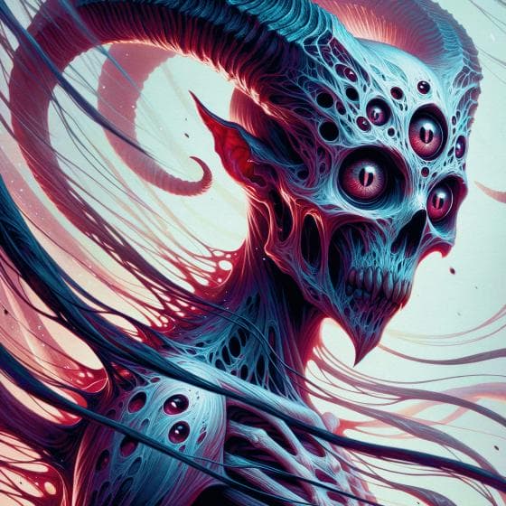 A surreal creature with a skeletal face and the Eyes of the Forgotten embedded in its forehead, adorned with large, curved horns. Its body is covered in intricate, web-like patterns in shades of blue and purple, with elongated, swirling appendages extending outward against an ethereal and abstract background.