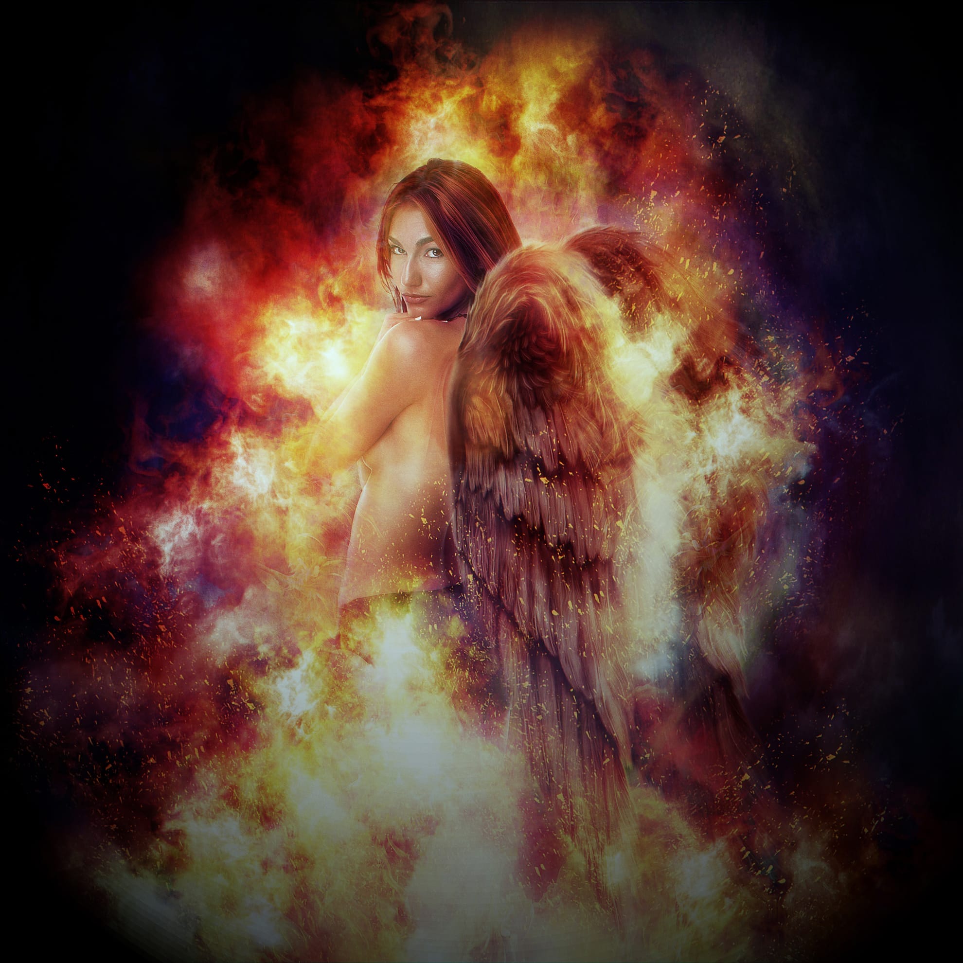 A woman with long hair faces the viewer, partially wrapped in vibrant flames. She has large, detailed angel wings with brown and white feathers extending from her back. The fiery background blends shades of red, orange, and yellow, creating a mystical and intense atmosphere as she is facing fire.