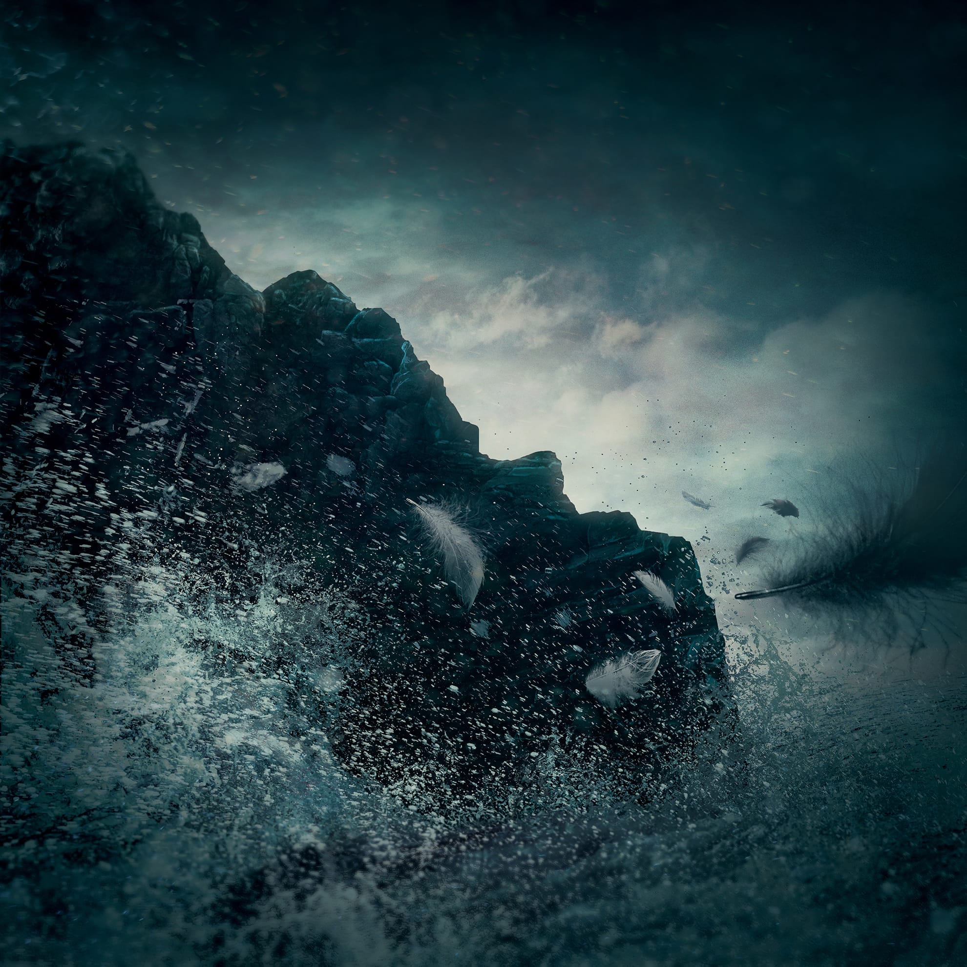 A dark, dramatic seascape with large, jagged rocks battered by rough waves. The sea spray is visible as the turbulent water crashes against the rocks. The sky above is moody and overcast, adding to the intense, atmospheric scene. Feather-like objects float in the air amidst the chaos.