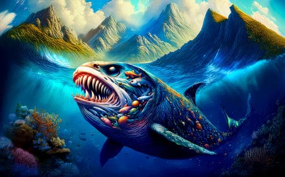 A vibrant, surreal image of a colossal fish with sharp teeth swimming underwater. Its body is transparent, revealing smaller fish and marine life inside. Above, sunlight filters through the water, and an underwater mountainous landscape is visible. Coral and rocks are in the foreground.