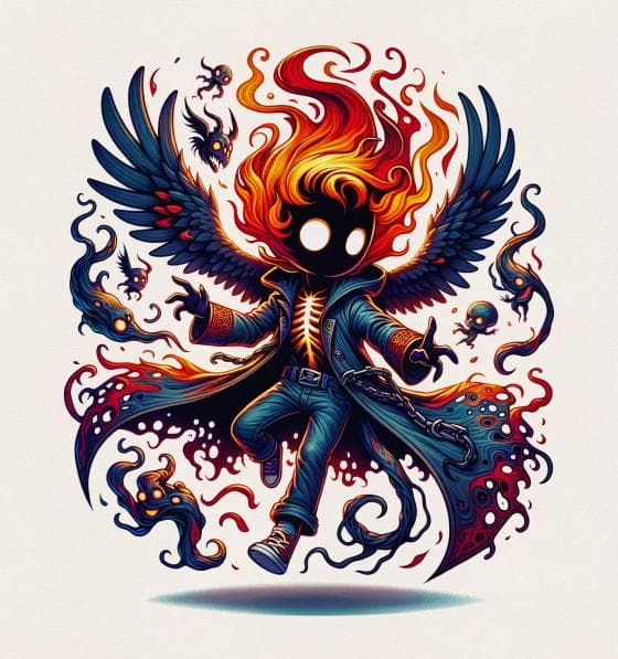 Illustration of a mystical character with a fiery head and glowing eyes, dressed in a dark coat with flame-like patterns. The figure has large, black wings and floats amid small, swirling creatures resembling bats and phantoms, all surrounded by vibrant orange and blue flames.