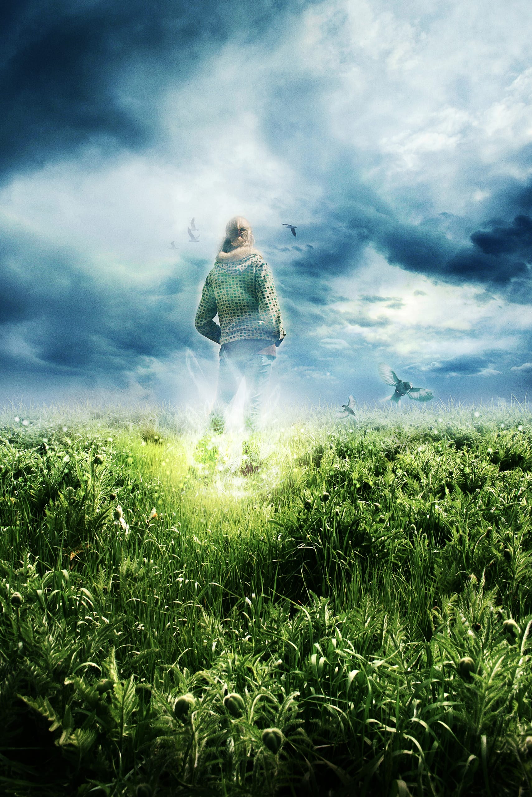 A person stands in a lush green field under a dramatic, cloudy sky. Birds fly in the distance, and sunlight filters through the clouds, illuminating the figure. The scene conveys a sense of solitude and connection with nature.